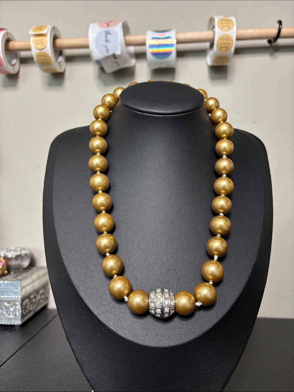 Gold Glass Chunky Beaded Statement Necklace with Rhinestone Accent